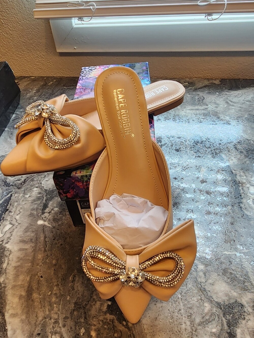 Cape Robbin Tan Jeweled Bow Pointed Slip-On Mules